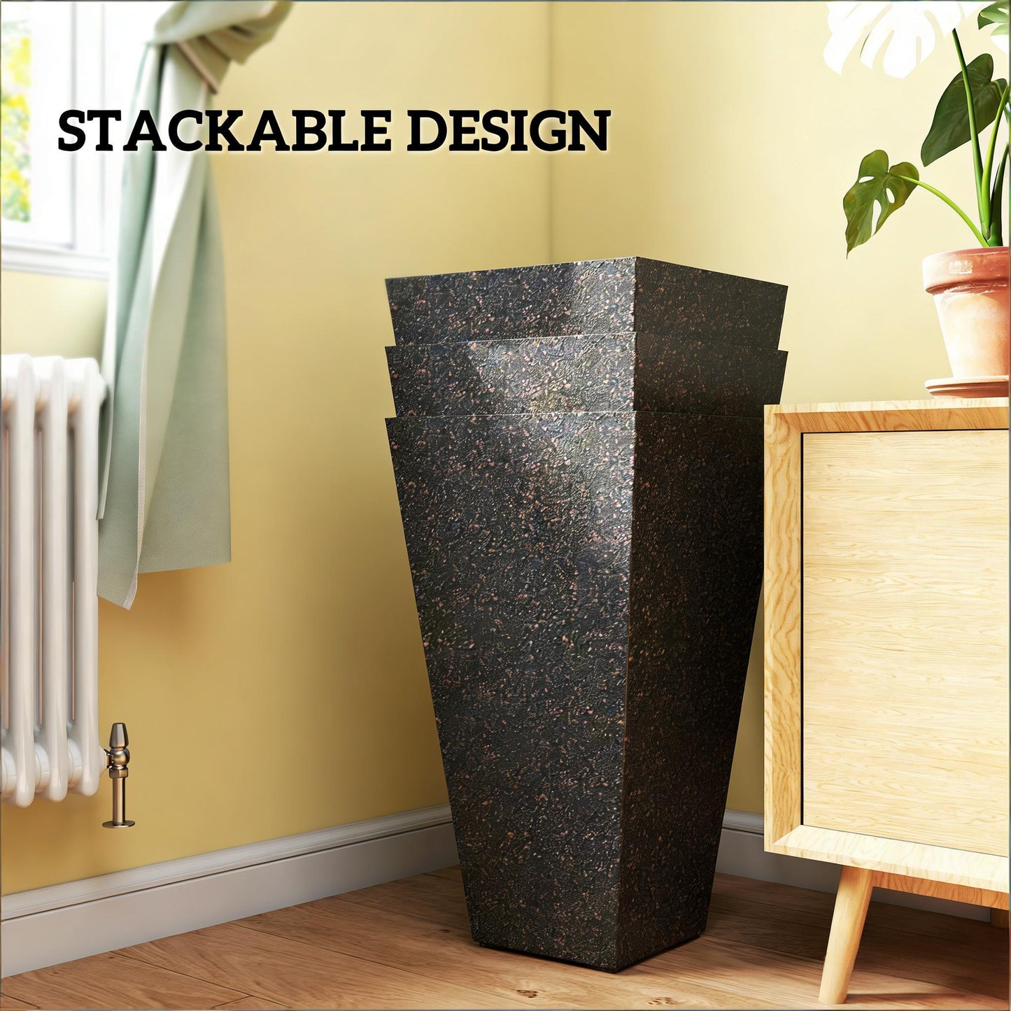 Set of 3 tall flower pots with marble finish