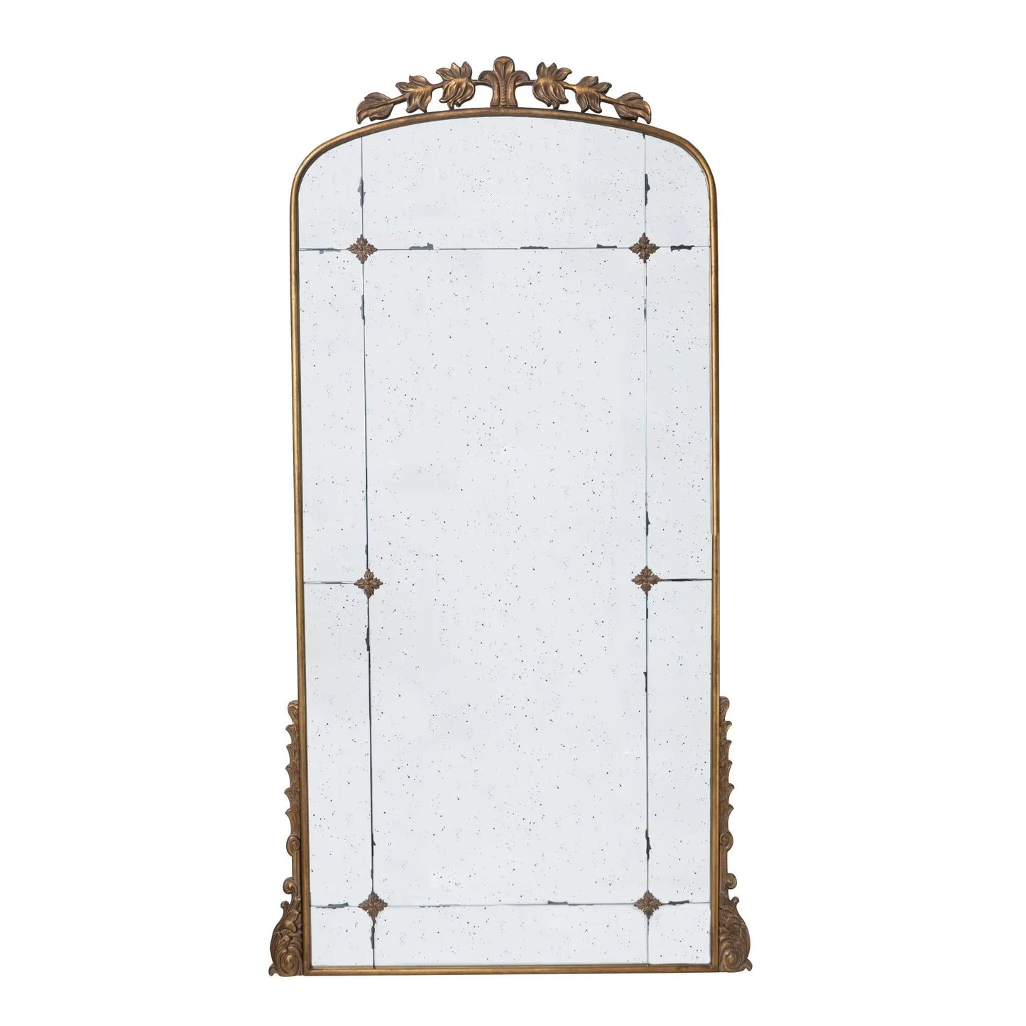 Lavish full-length antique-gold metal mirror with ornate leaf crest on Tampa Home & Garden Store
