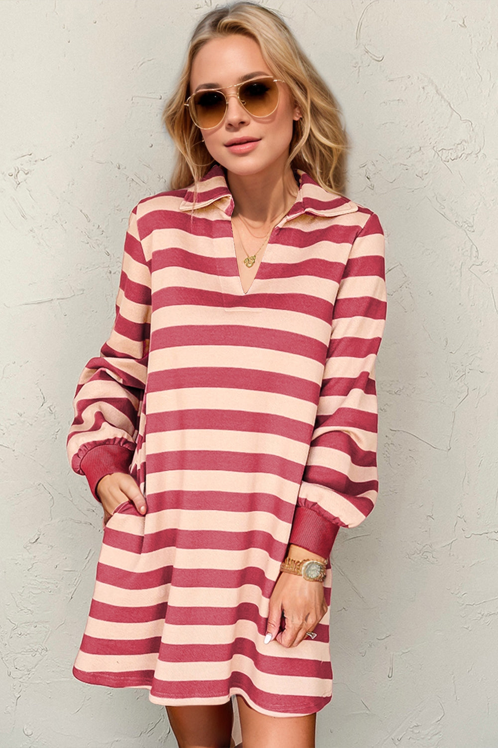 Deep Rose striped dress with contrast collar and long sleeves by Stevvex full size on Tampa Home & Garden Store