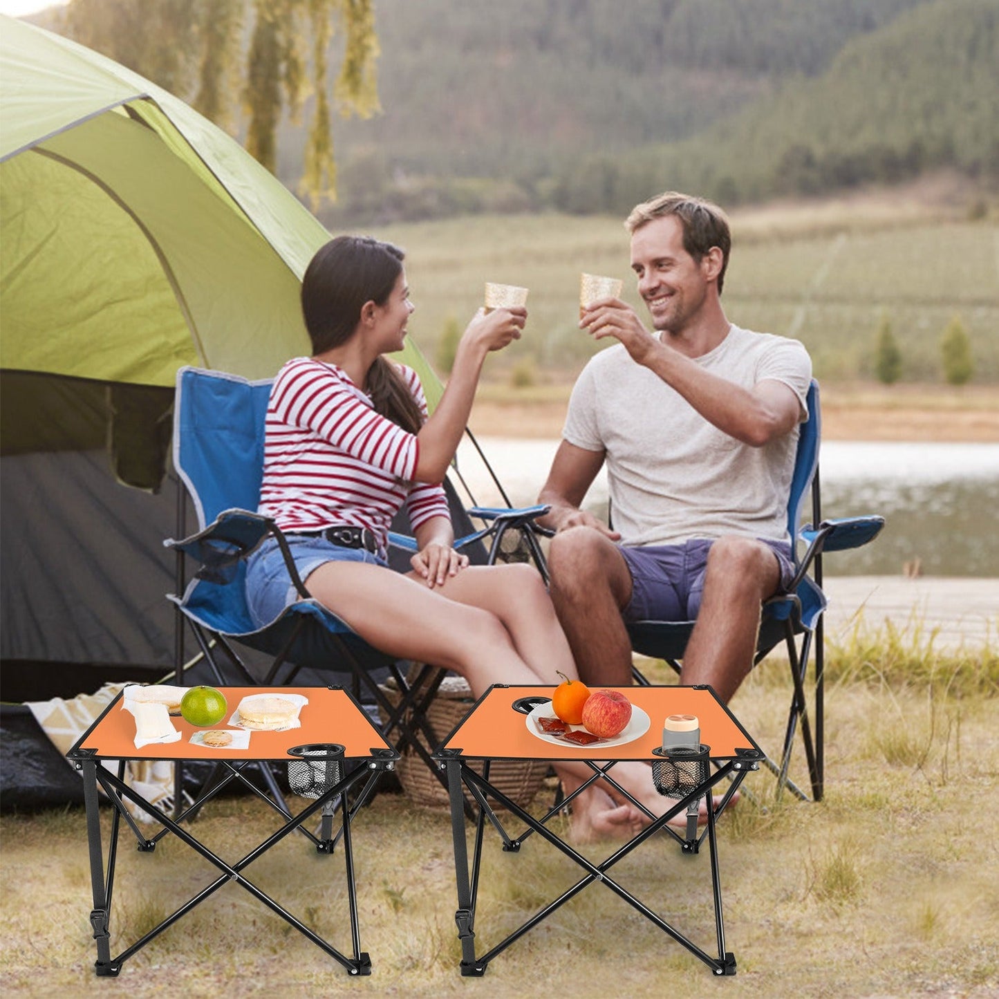 GemGear foldable camping tables, 2-pack with orange tops and cup holders, portable picnic setup on Tampa Home & Garden Store