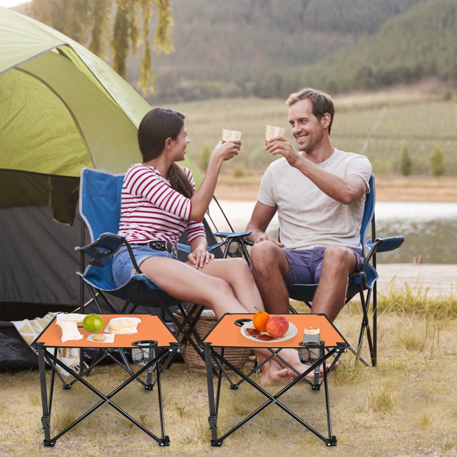 GemGear foldable camping tables, 2-pack with orange tops and cup holders, portable picnic setup on Tampa Home & Garden Store