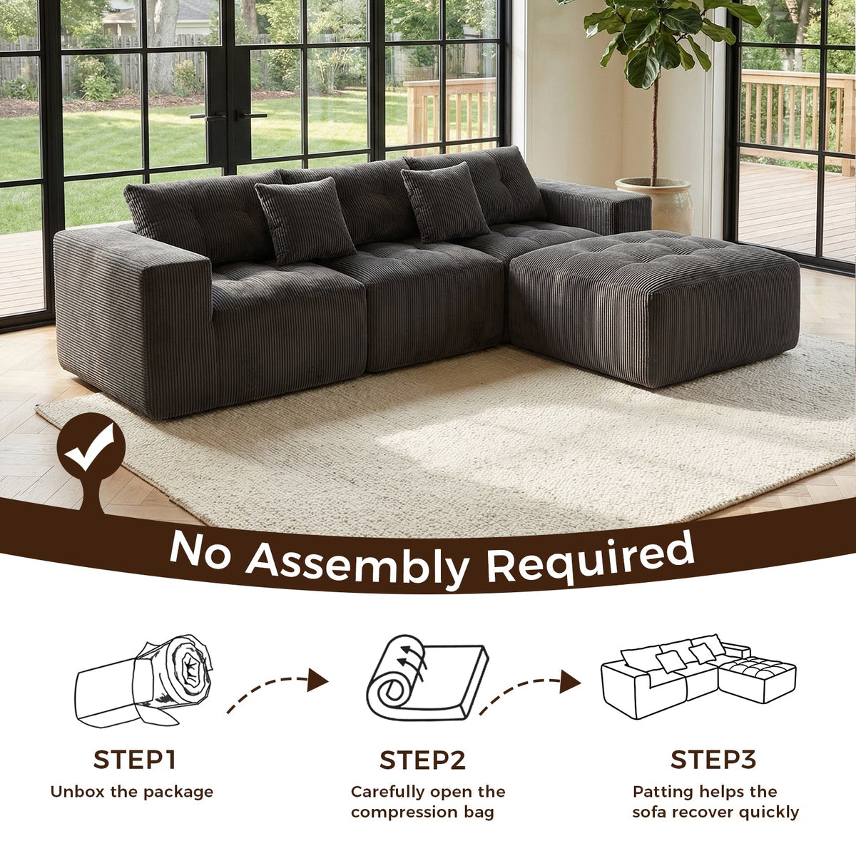 Vintage Corduroy L Shaped Sofa and Modular Frame