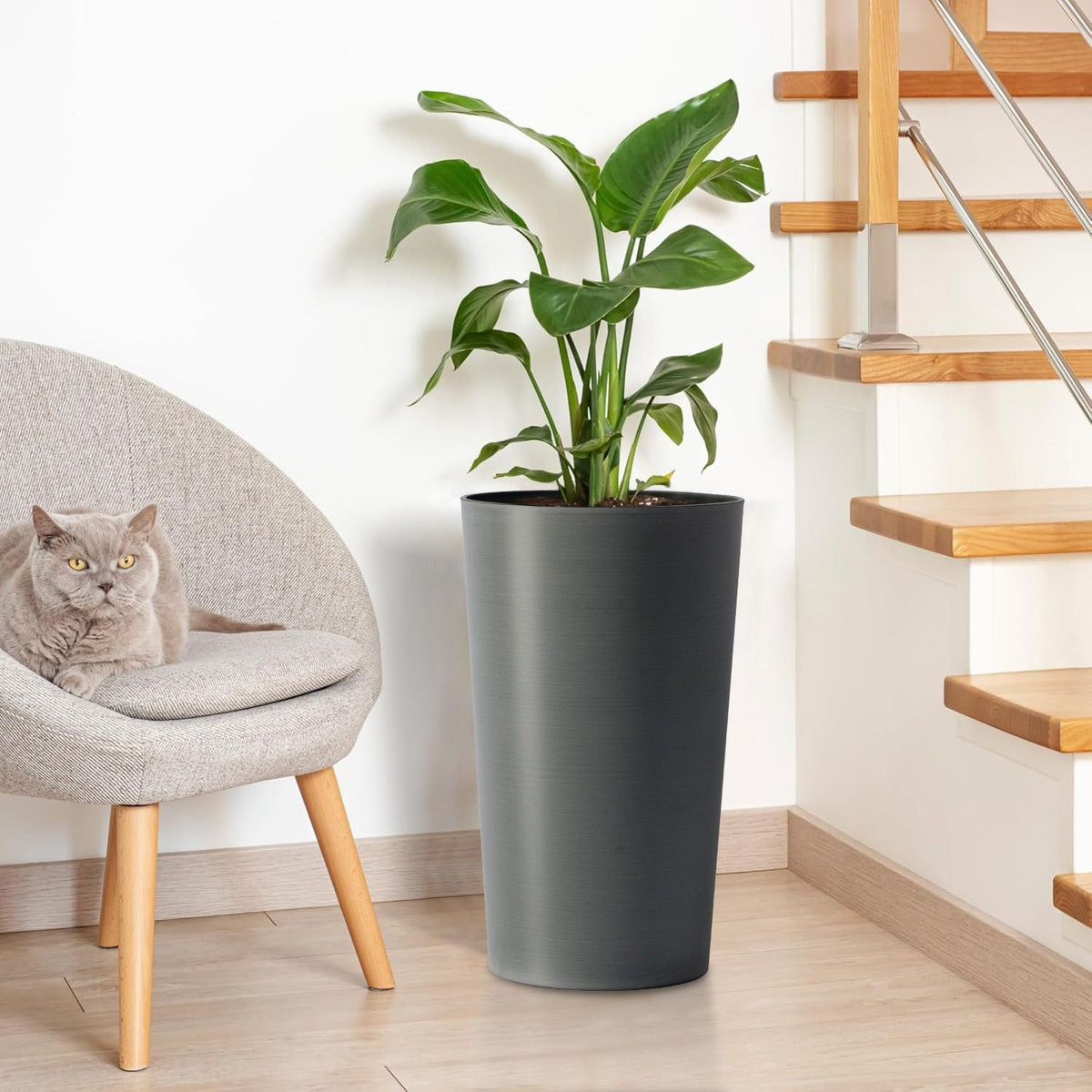 Planter For Outdoor by HouseOfZazla in dark gray with tall green leaves on Tampa Home & Garden Store