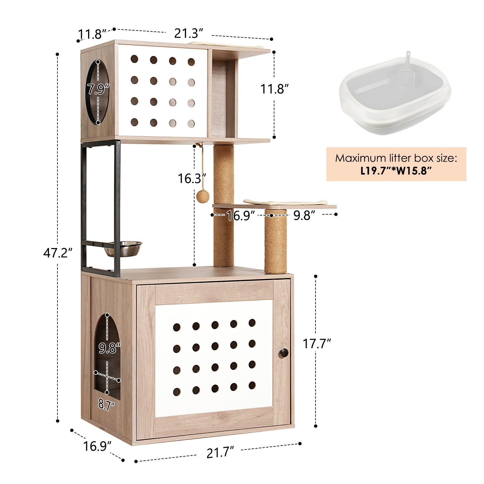 Cat Tree with Litter Box Enclosure and Hammock by HouseOfZazla, white panels and sisal posts on Tampa Home & Garden Store