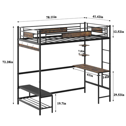 Twin size loft bed with storage, black metal frame with brown wood panels, HouseOfZazla on Tampa Home & Garden Store