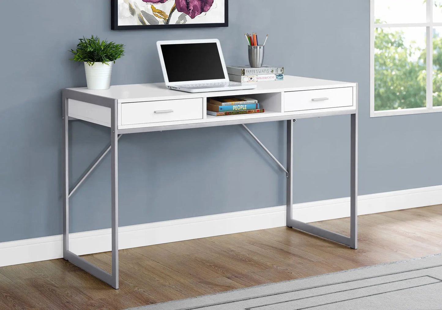 Computer desk with white top, two drawers, open shelf, metal frame by Unique Piece Furniture on Tampa Home & Garden Store