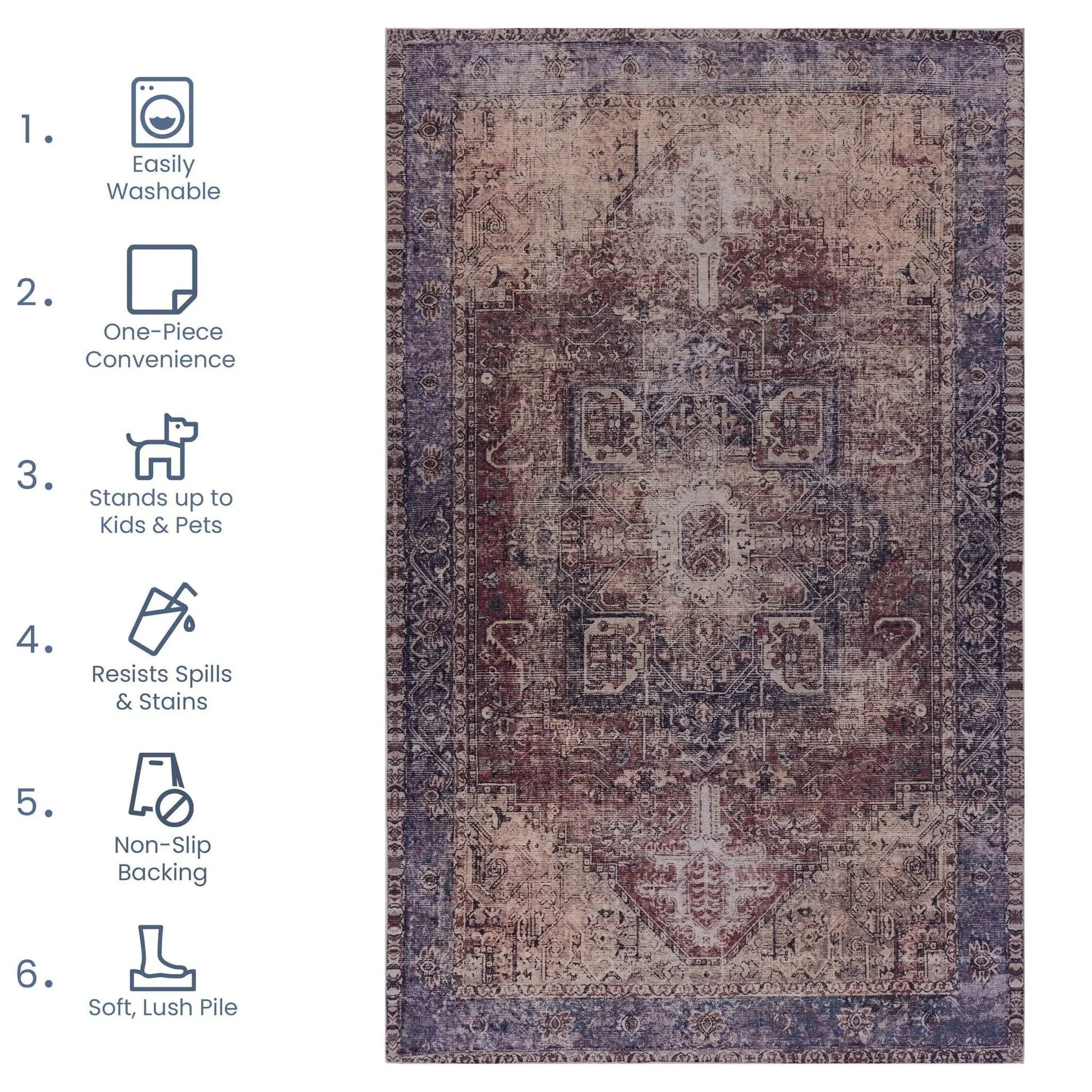 Area rug Maval washable by Unique Piece Furniture in blue beige distressed oriental pattern on Tampa Home & Garden Store