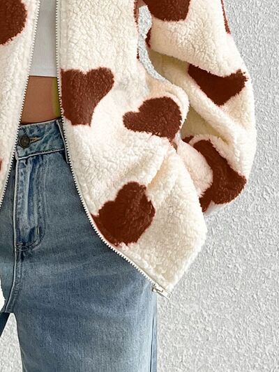 Cute Heart Zip Up Drop Shoulder Furry Jacket in cream with brown patches by Stevvex on Tampa Home & Garden Store