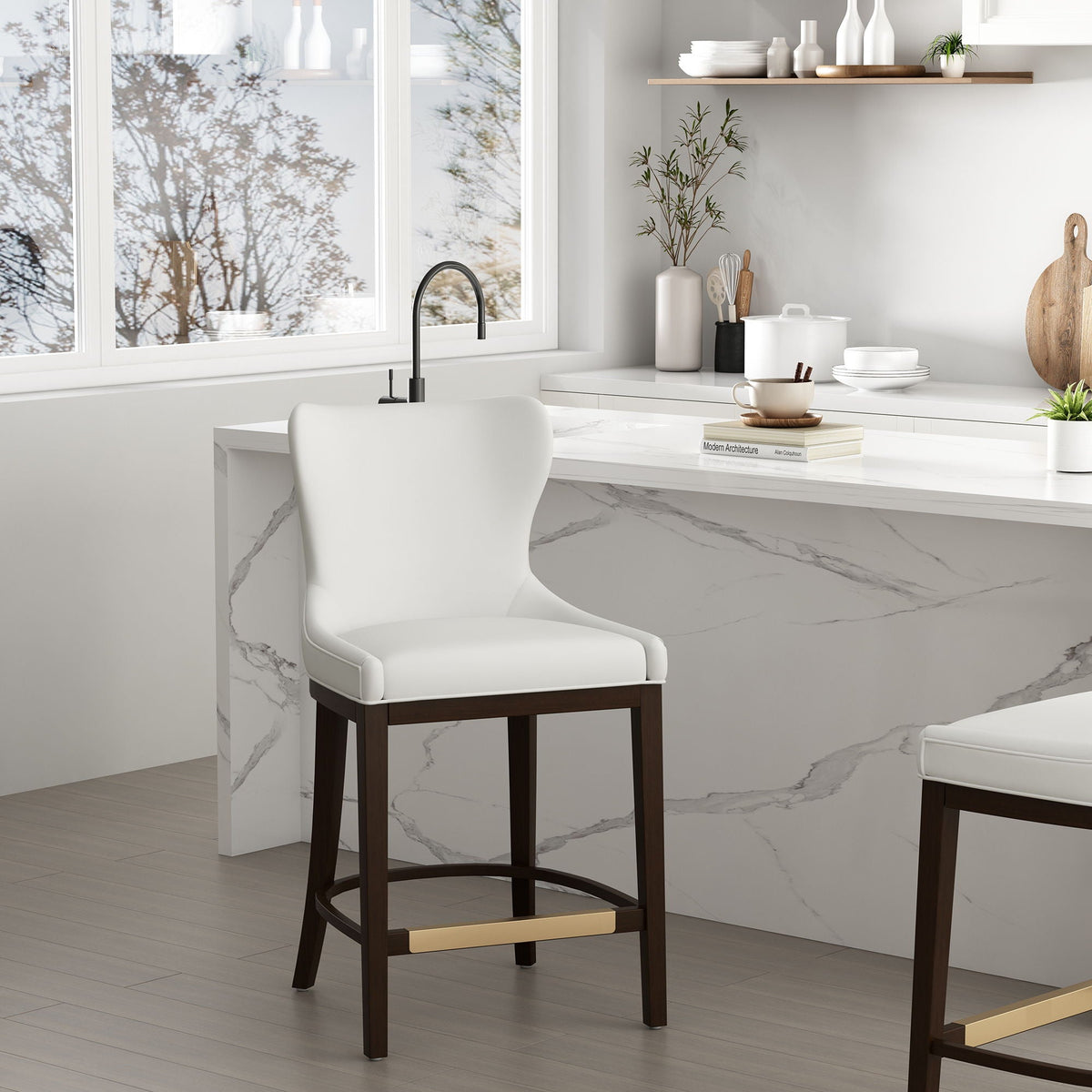 Blair Counter Stool with Backrest in white upholstery, dark wood legs HouseOfZazla on Tampa Home & Garden Store