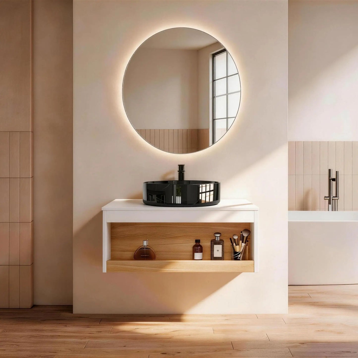 Floating Vanity with Vessel Sink and Open Shelf