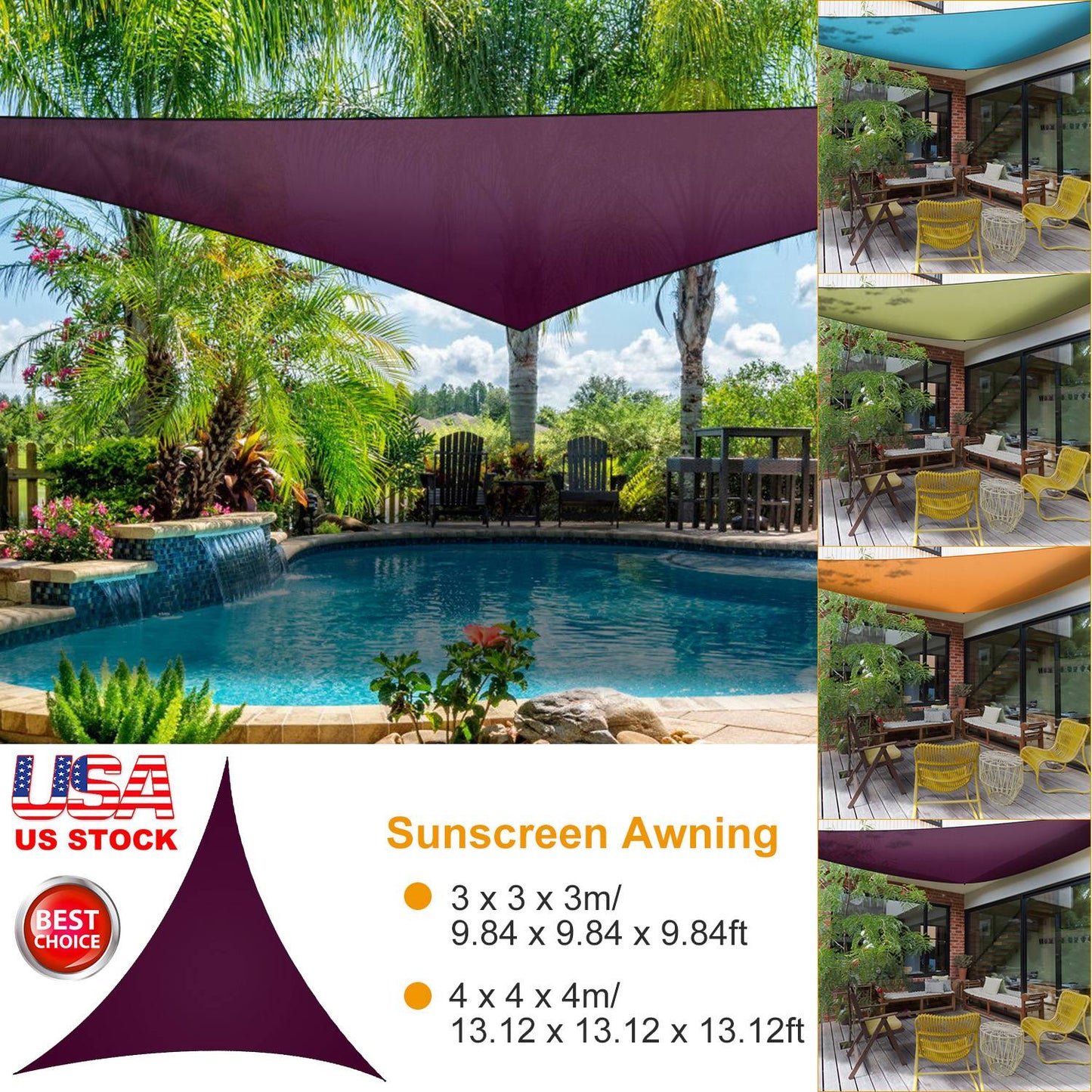 GemGear triangle shade sail canopy purple over poolside patio color options shown on Tampa Home & Garden Store