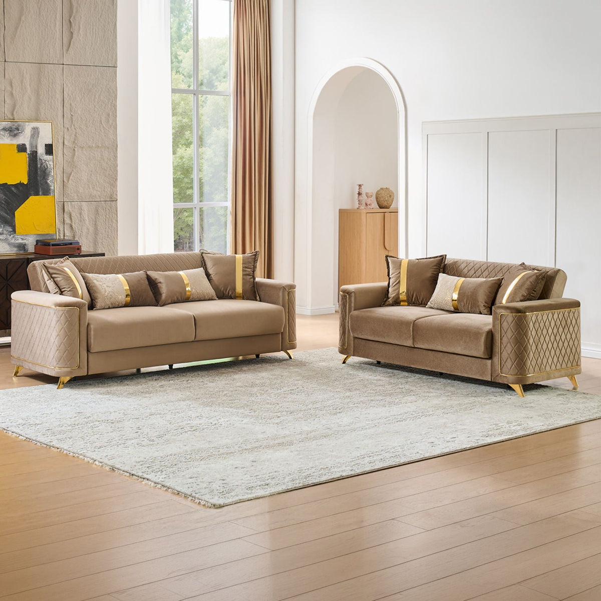 Upholstered living room set, gold-tone legs; beige bronze fabric; 2 quilted sofas HouseOfZazla on Tampa Home & Garden Store