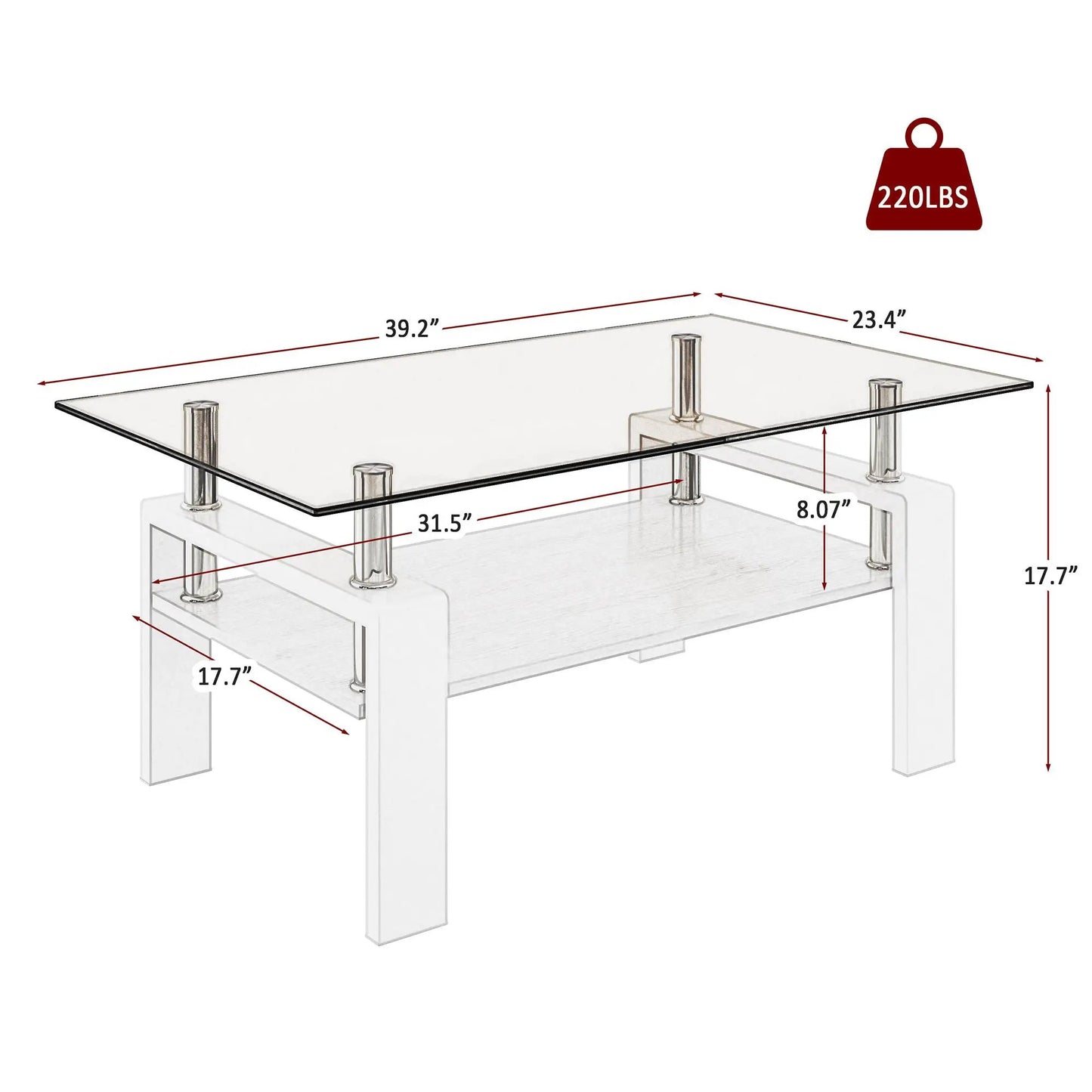 Rectangular Coffee Table With Tempered Glass Top