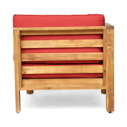 Oana 2-piece loveseat set with red water-resistant cushions and wooden frame on Tampa Home & Garden Store