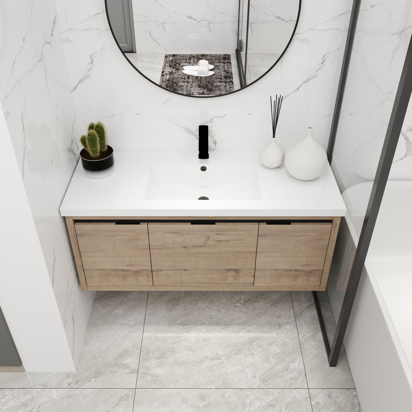 Floating bathroom vanity with resin sink and soft-close doors, HouseOfZazla natural wood cabinet on Tampa Home & Garden Store
