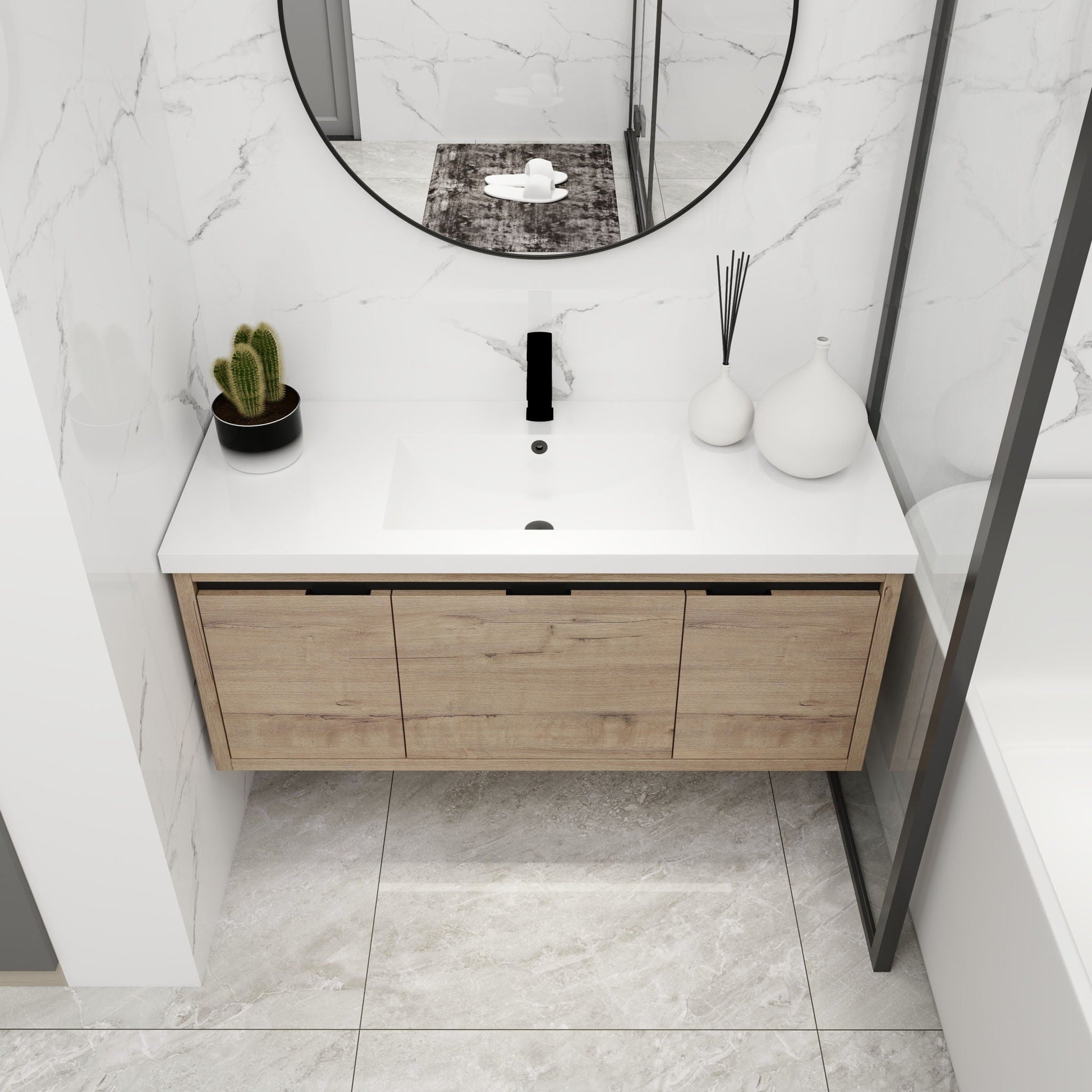 Floating bathroom vanity with resin sink and soft-close doors, HouseOfZazla natural wood cabinet on Tampa Home & Garden Store