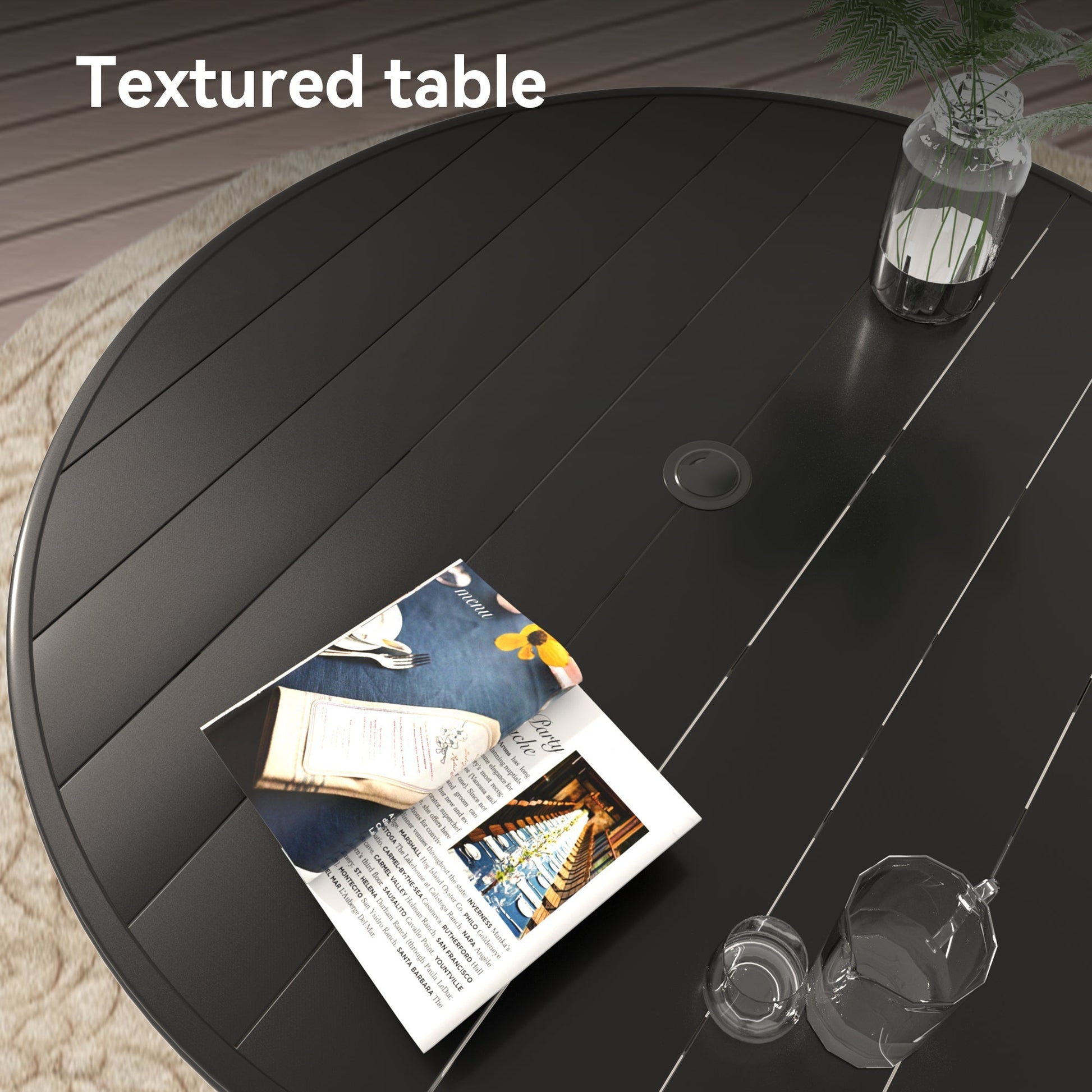 7-Piece Outdoor Patio Dining Set textured black round table with glass vase on Tampa Home & Garden Store