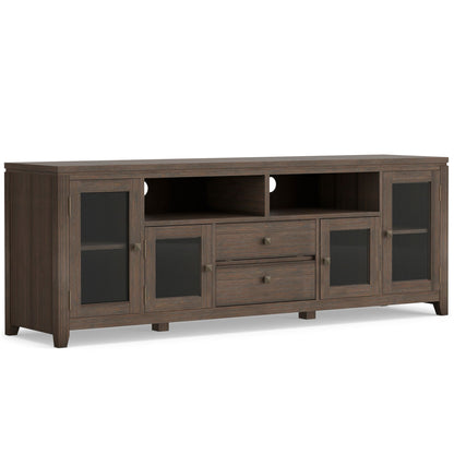 Wide handcrafted solid wood media stand and shelf by HouseOfZazla with glass-front cabinets on Tampa Home & Garden Store