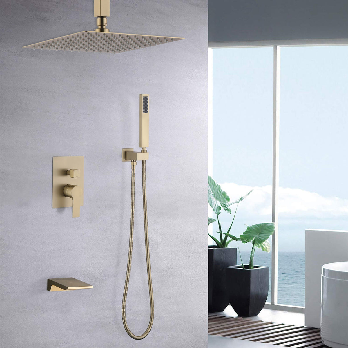Wall Mount Shower System with 10-inch rainfall head and handheld, gold finish by HouseOfZazla on Tampa Home & Garden Store