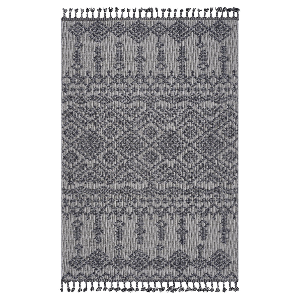 The Contemporary Guros Collection Area Rug, charcoal geometric diamond pattern with fringe, on Tampa Home & Garden Store