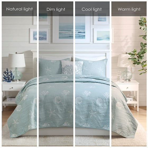 Cotton reversible aqua quilt set with embroidered shells and a pillow, HouseOfZazla on Tampa Home & Garden Store