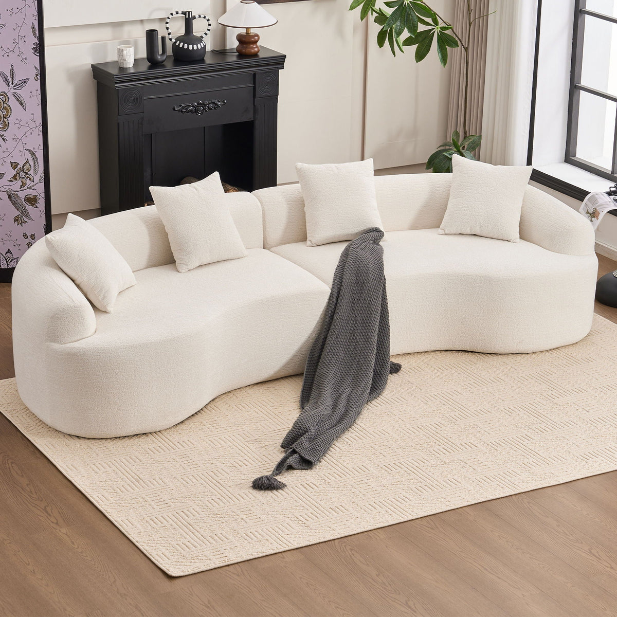 4 Seater Fabric Sofa by HouseOfZazla, cream boucle upholstery with 4 cushions on Tampa Home & Garden Store