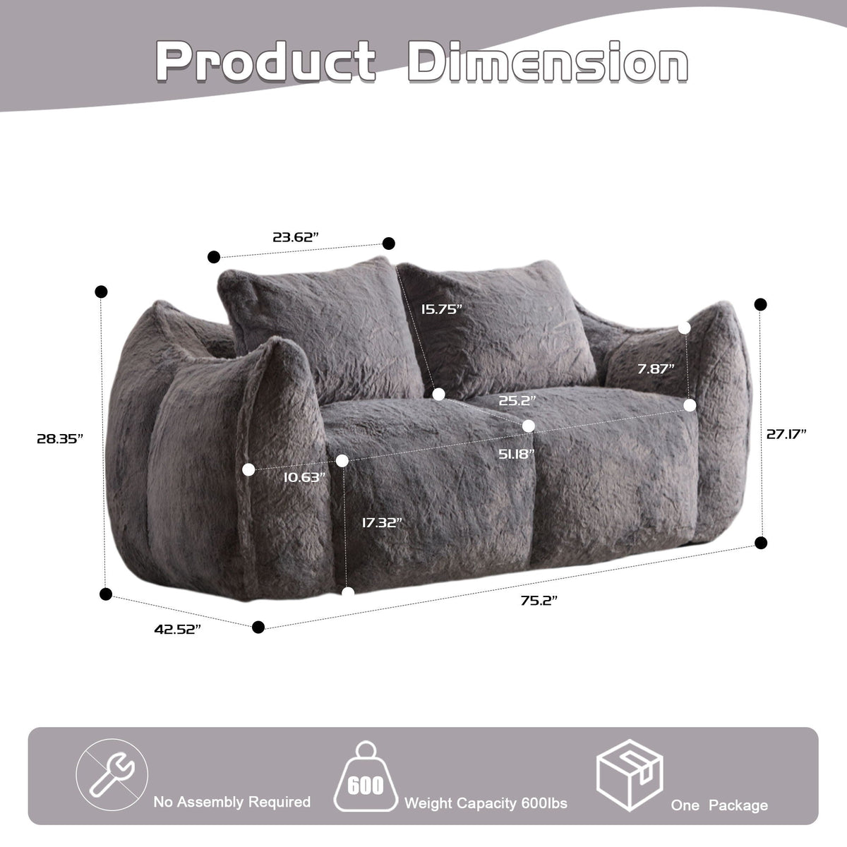 Ultra Soft Faux Fur Bean Bag Loveseat by HouseOfZazla, gray fur, shredded sponge filling on Tampa Home & Garden Store