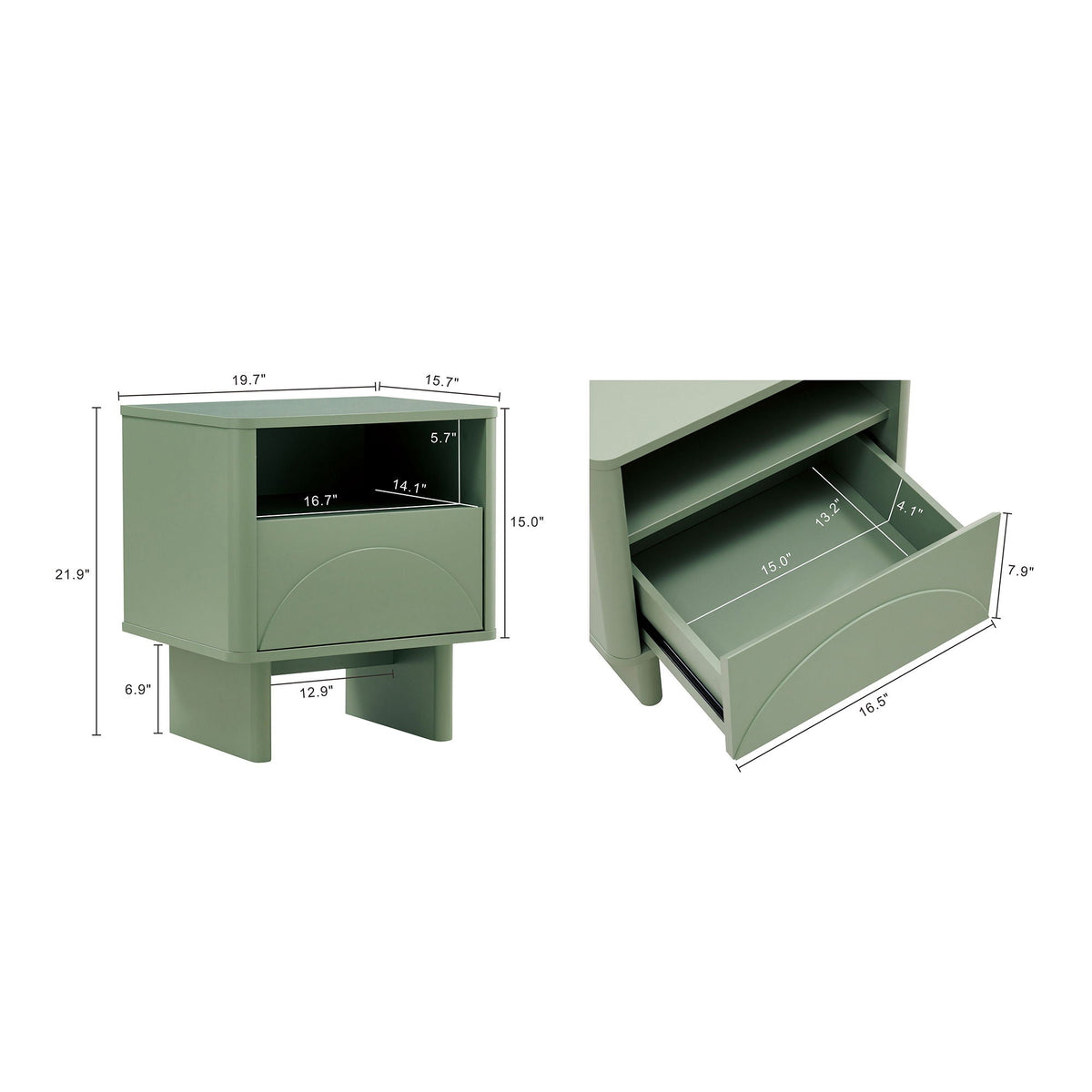 HouseOfZazla green accent nightstand with drawer and open shelf two-view image on Tampa Home & Garden Store