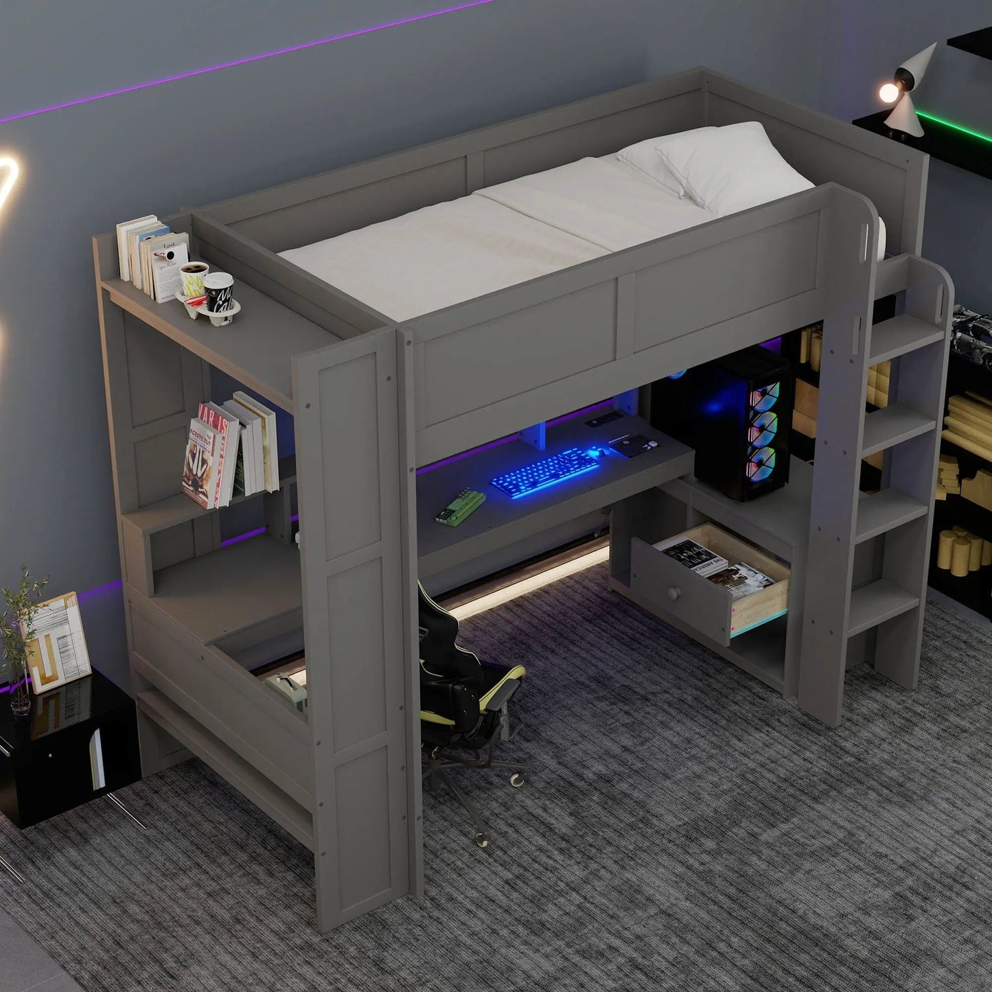 Gaming loft bed with desk and shelves, gray finish, LED lighting, Unique Piece Furniture on Tampa Home & Garden Store