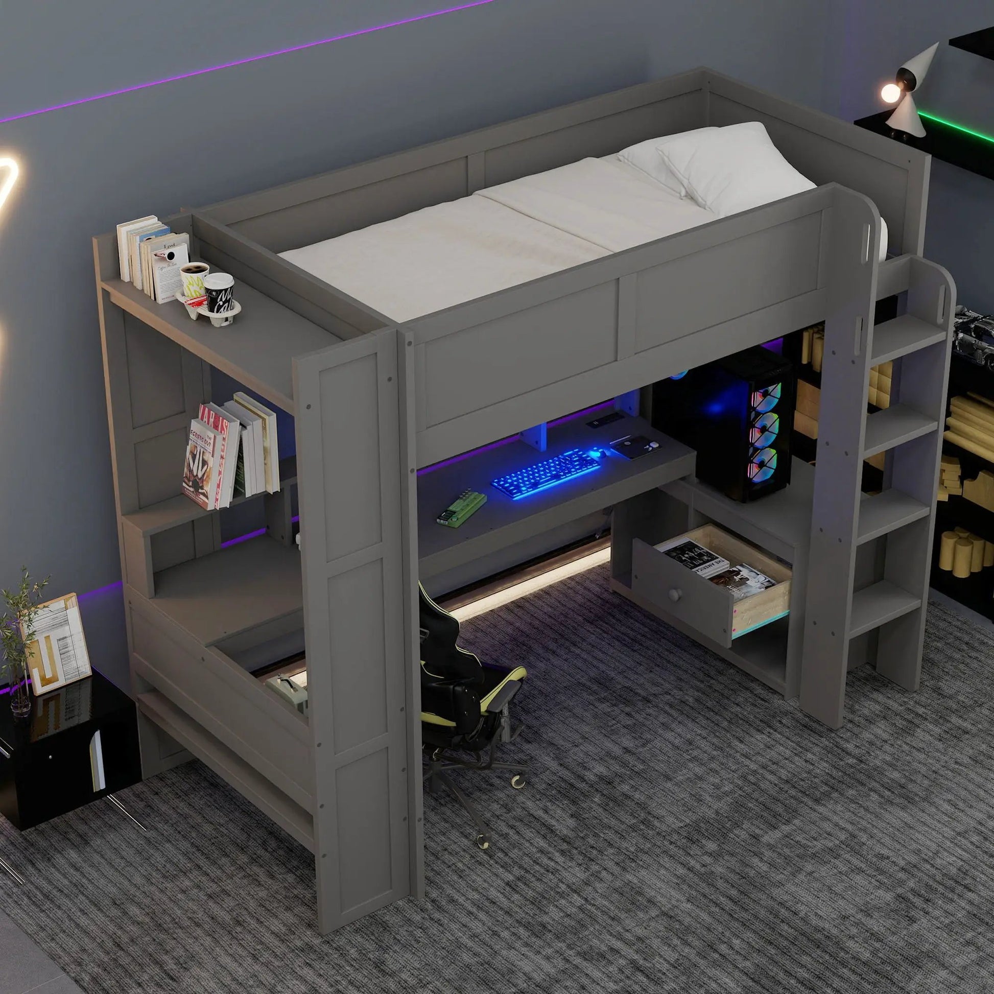 Gaming loft bed with desk and shelves, gray finish, LED lighting, Unique Piece Furniture on Tampa Home & Garden Store