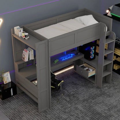 Gaming loft bed with desk and shelves, gray finish, LED lighting, Unique Piece Furniture on Tampa Home & Garden Store