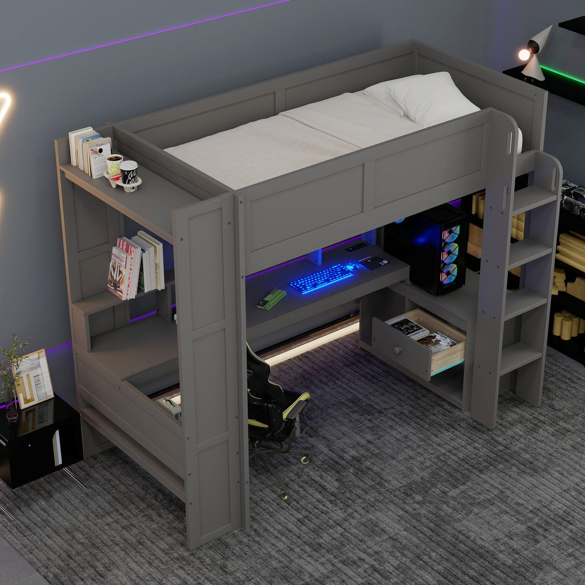 Gaming Loft Bed with Desk gray finish, LED lighting and charging station by HouseOfZazla on Tampa Home & Garden Store