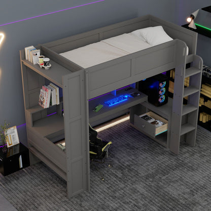 Gaming Loft Bed with Desk gray finish, LED lighting and charging station by HouseOfZazla on Tampa Home & Garden Store