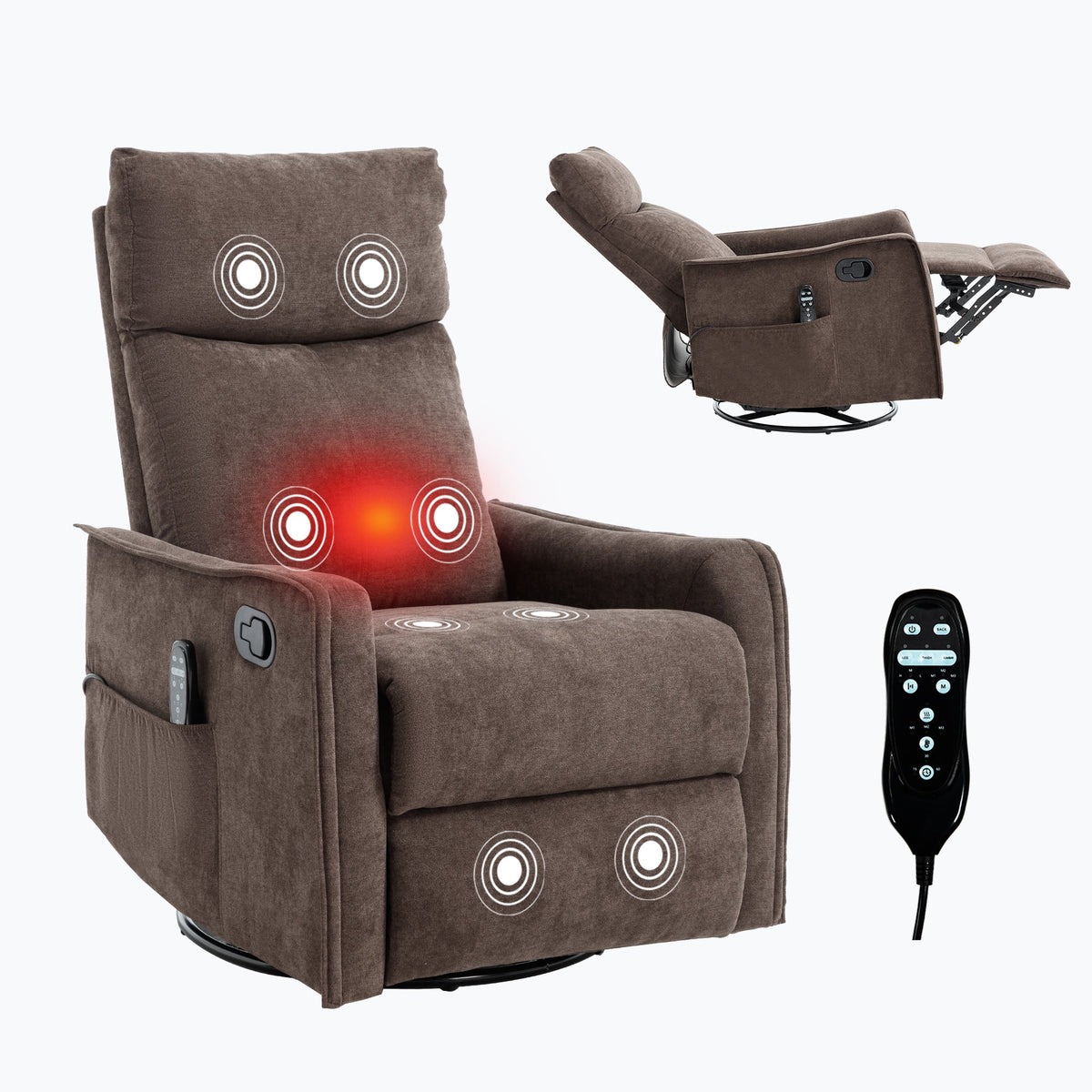 Brown fabric heat massage manual recliner with rocker and swivel by HouseOfZazla; remote on Tampa Home & Garden Store