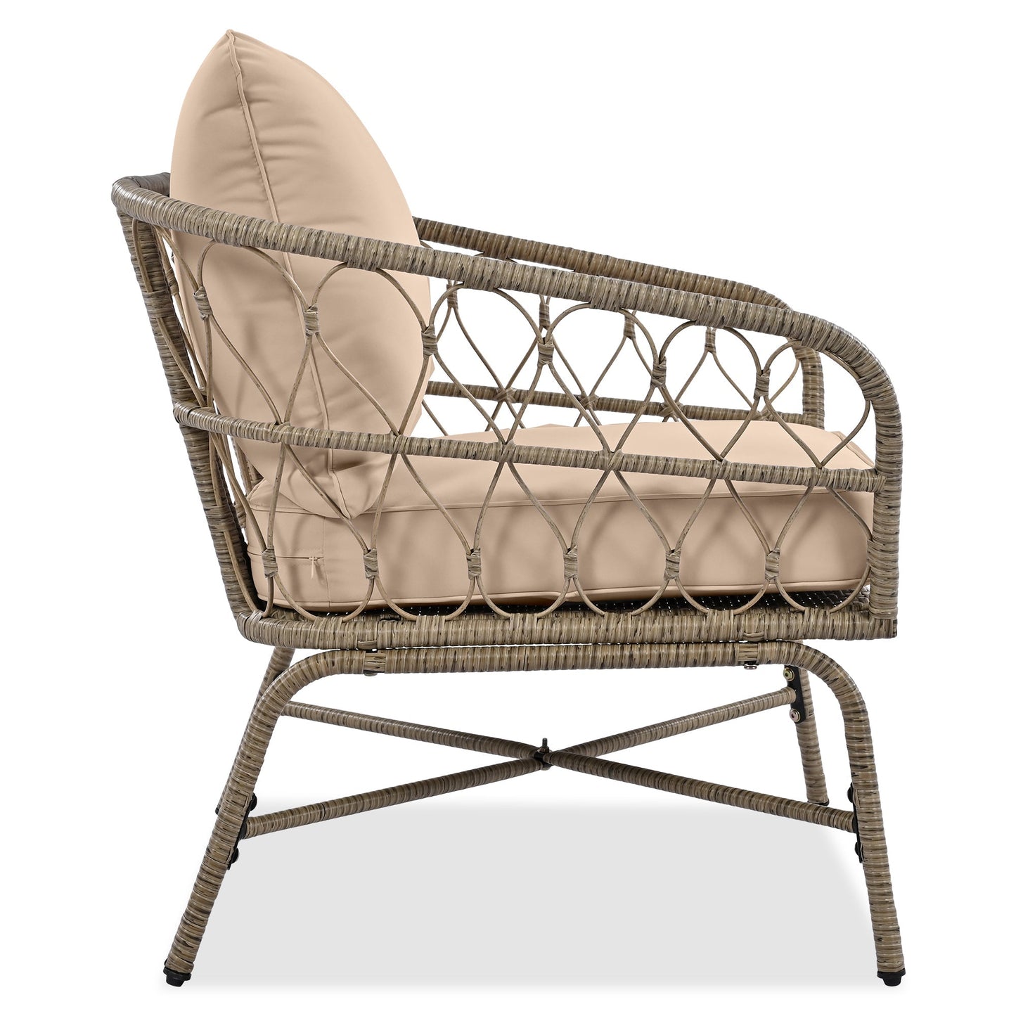 Bohemia-Inspired outdoor seating chair with removable beige cushions, woven rattan frame on Tampa Home & Garden Store