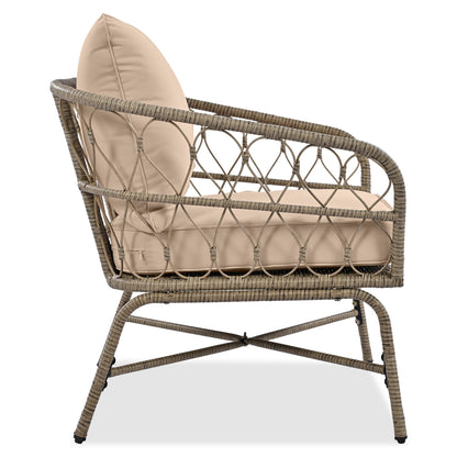 Bohemia-Inspired outdoor seating chair with removable beige cushions, woven rattan frame on Tampa Home & Garden Store