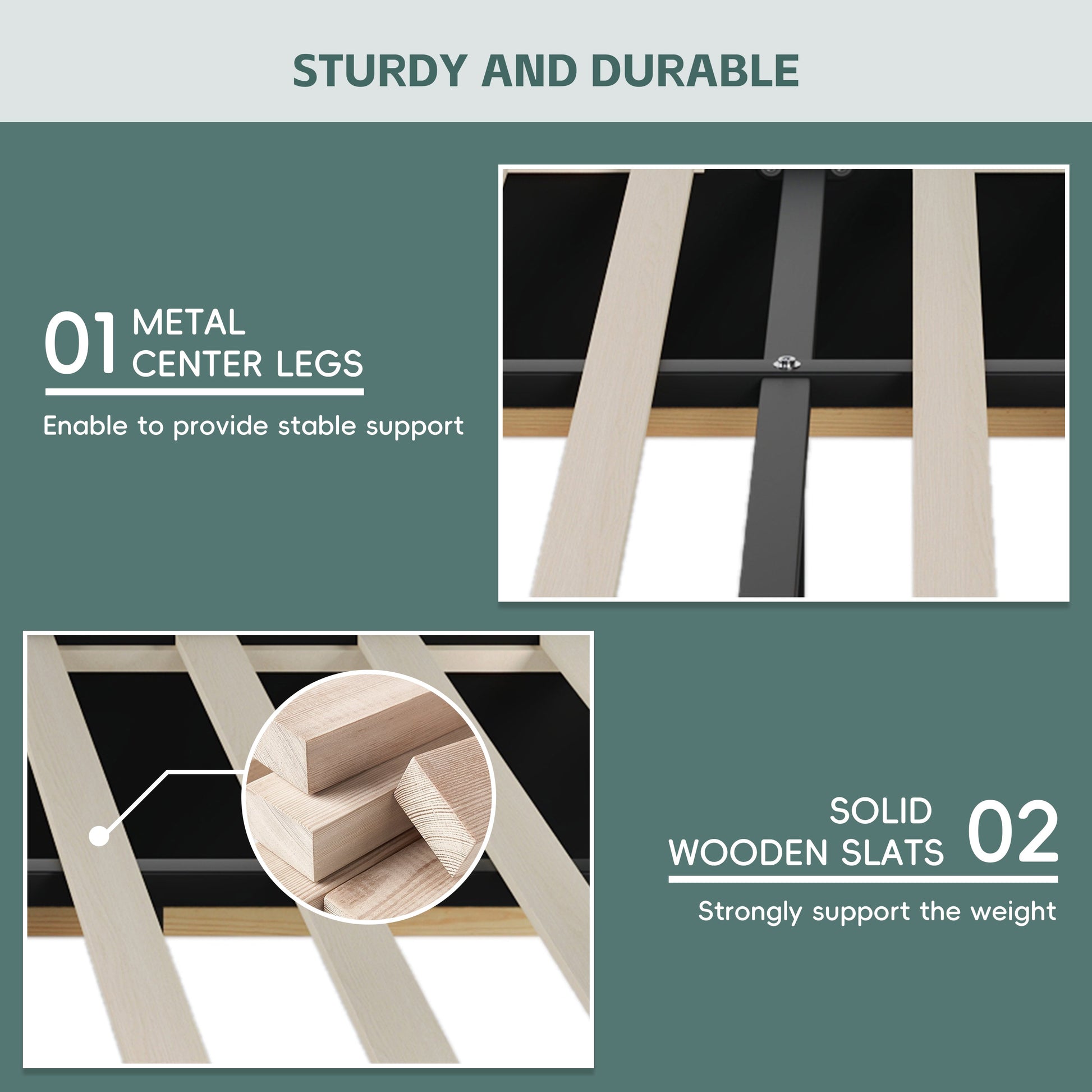 Queen size upholstered platform bed by HouseOfZazla, with wood slats and metal center legs on Tampa Home & Garden Store