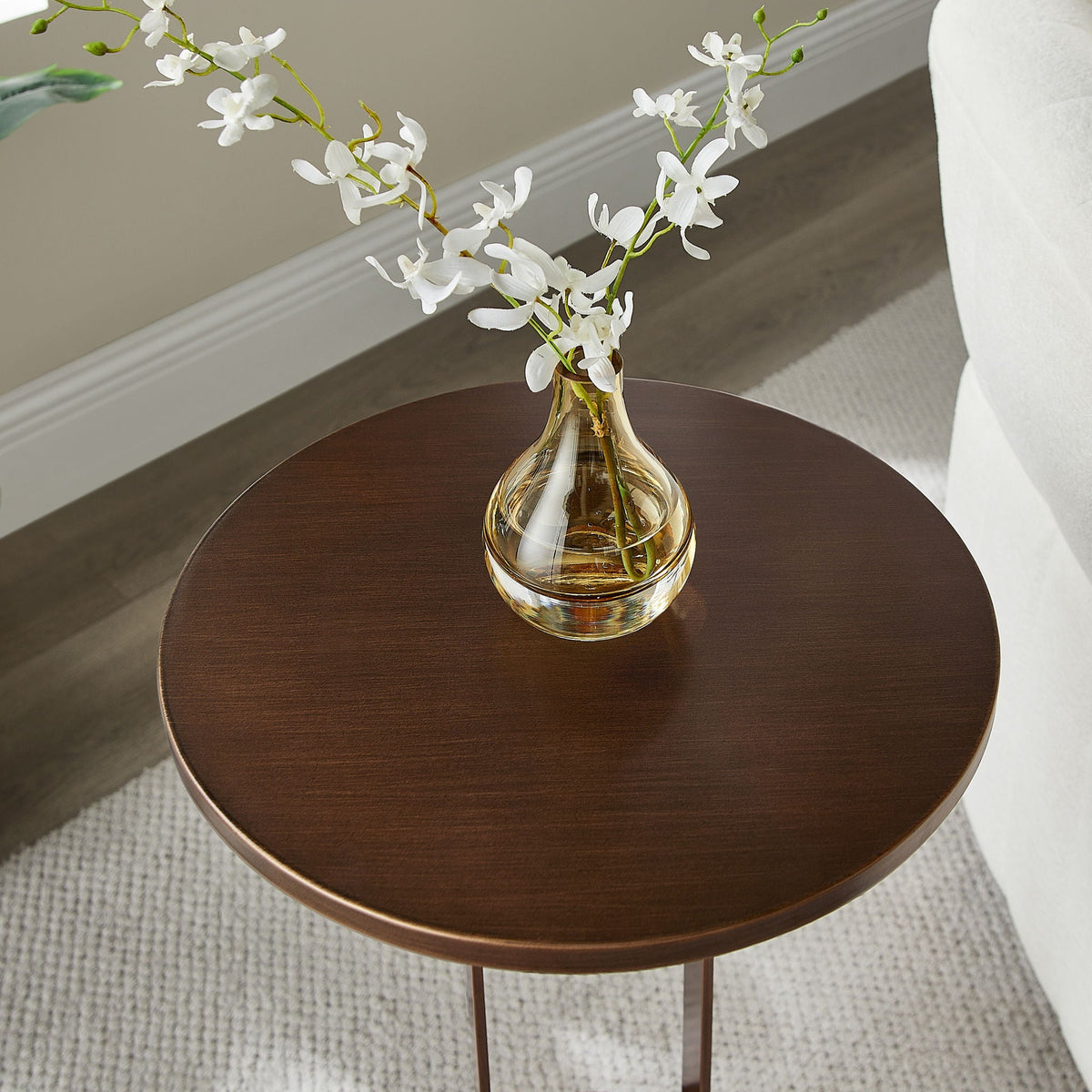 Round accent table with open oval pedestal in antique bronze, dark wood top HouseOfZazla on Tampa Home & Garden Store
