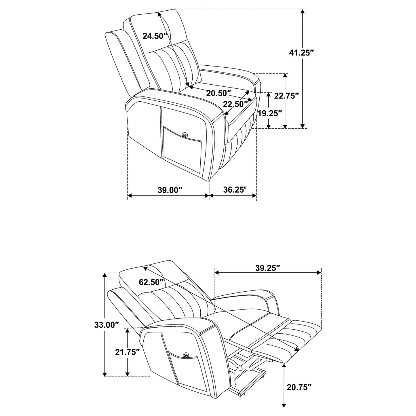 Mckinley gray upholstered power lift recliner chair with remote; line-drawing with dimensions on Tampa Home & Garden Store