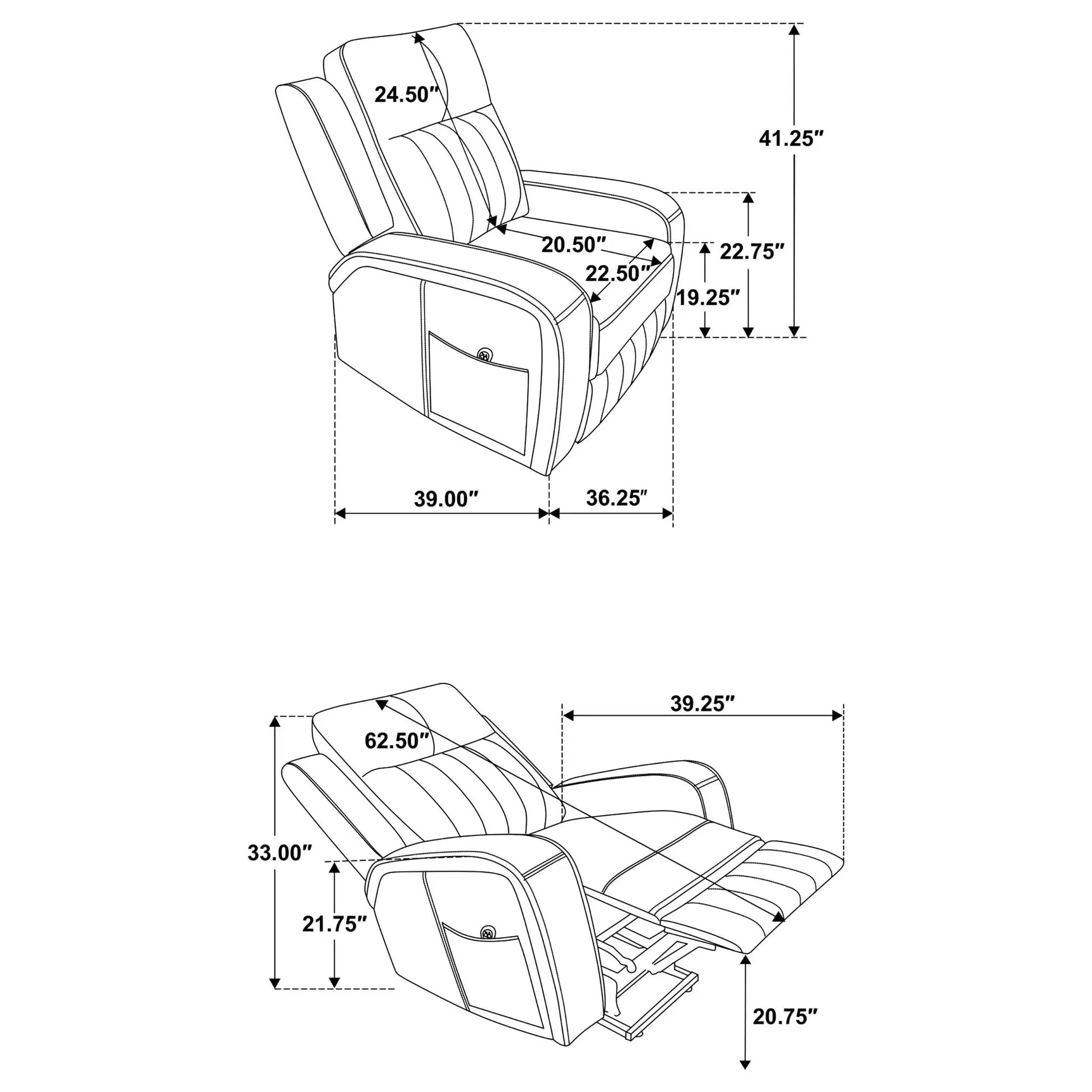 Mckinley gray upholstered power lift recliner chair with remote; line-drawing with dimensions on Tampa Home & Garden Store