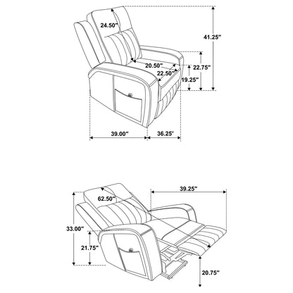 Mckinley gray upholstered power lift recliner chair with remote; line-drawing with dimensions on Tampa Home & Garden Store