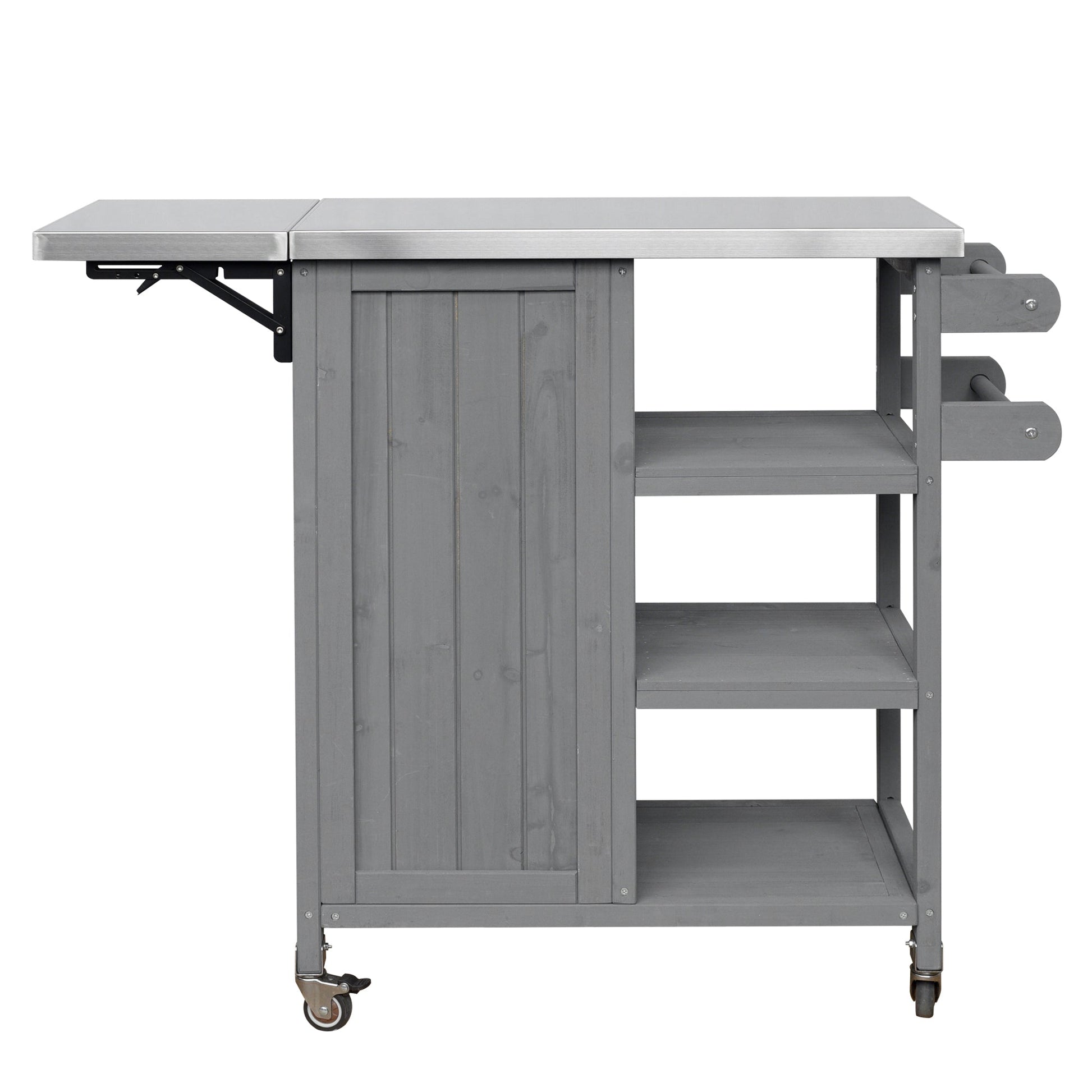 Foldable outdoor kitchen island cart with stainless steel top and gray wood base on wheels on Tampa Home & Garden Store