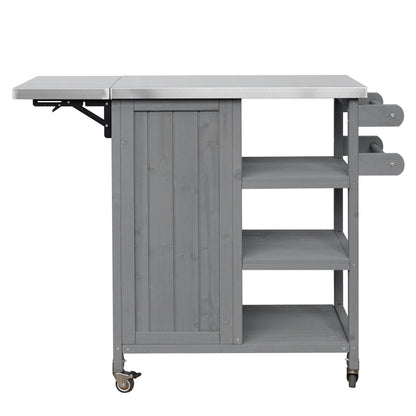 Foldable outdoor kitchen island cart with stainless steel top and gray wood base on wheels on Tampa Home & Garden Store