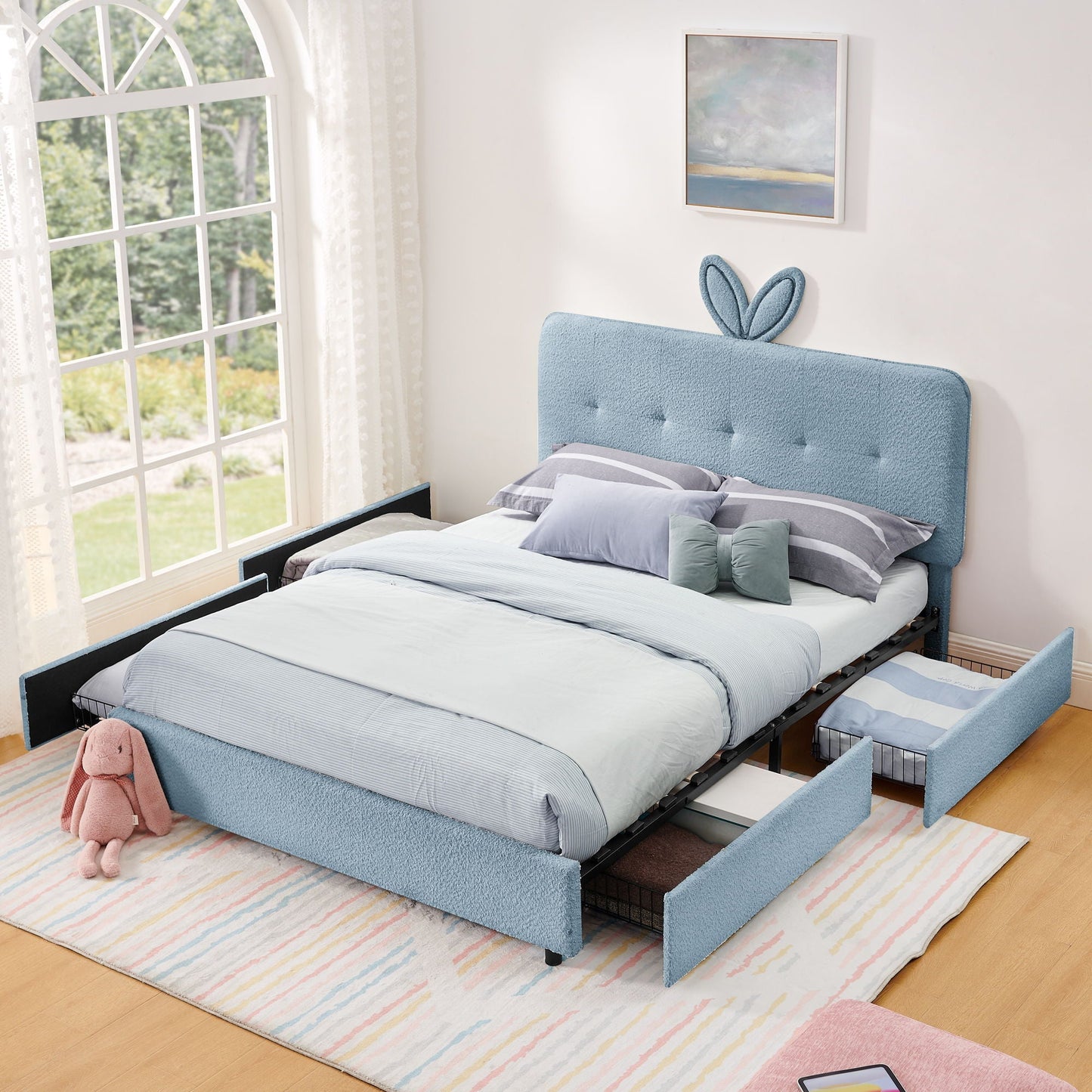 Upholstered Bed with Rabbit Ear and Led Drawers
