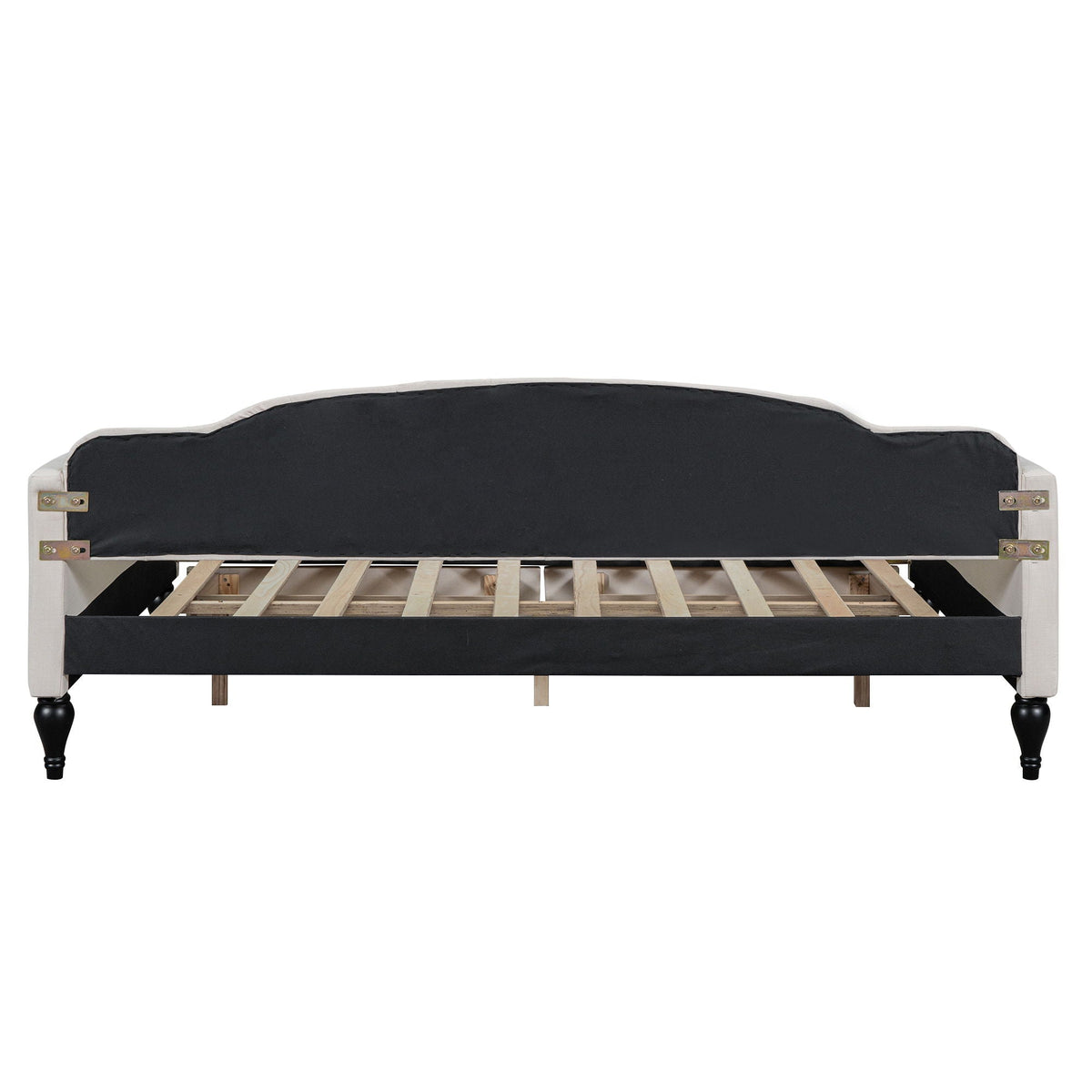 Upholstered tufted daybed with black fabric and white frame, exposed slats HouseOfZazla on Tampa Home & Garden Store