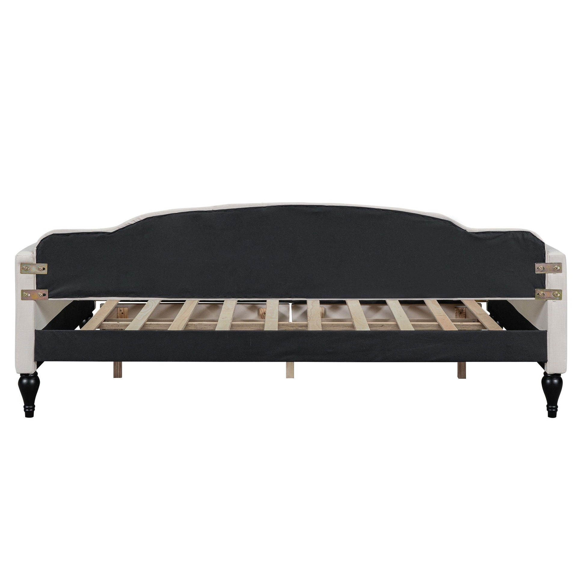 Upholstered tufted daybed with black fabric and white frame, exposed slats HouseOfZazla on Tampa Home & Garden Store