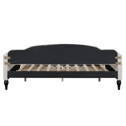 Upholstered tufted daybed with black fabric and white frame, exposed slats HouseOfZazla on Tampa Home & Garden Store