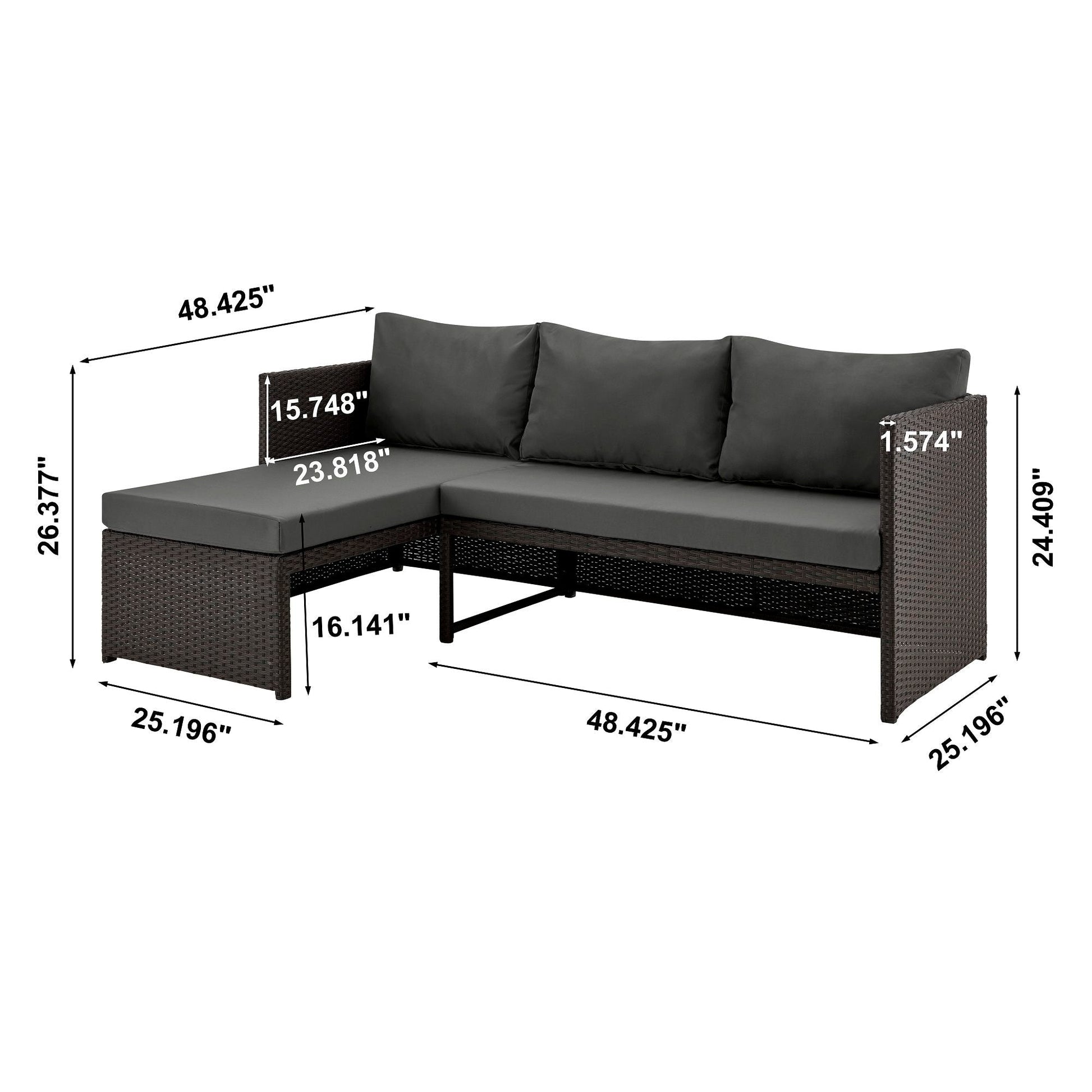 Menton 3-Piece Outdoor Sectional Set by HouseOfZazla with dark gray cushions and wicker frame on Tampa Home & Garden Store