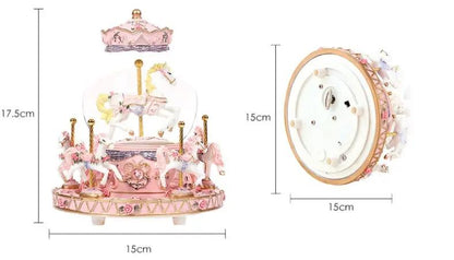 Crystal pink music box carousel with horse figurines and crown topper by FLIPSTYLEZLLC on Tampa Home & Garden Store