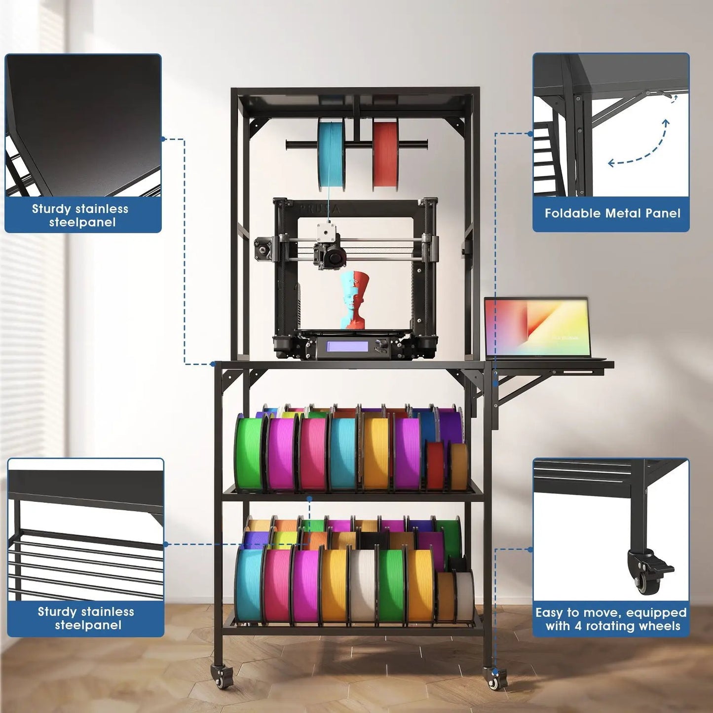 Black 3D printer stand with filament rack and four casters, Prusa mounted on steel frame on Tampa Home & Garden Store
